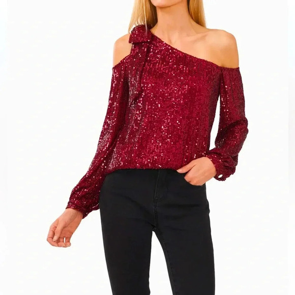 CeCe Red Wine Sequin Size Small NWOT Holiday One Shoulder Top - Picture 1 of 3